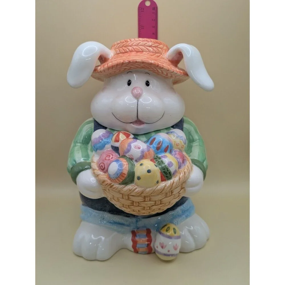 CKA Ceramic Easter Bunny Cookie Jar Vtg Rabbit Holding Basket Eggs Straw Hat *